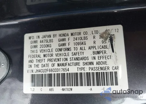 2012 Acura Tsx 2.4 z USA, uszkodzony, nr VIN JH4CU2F66CC017654